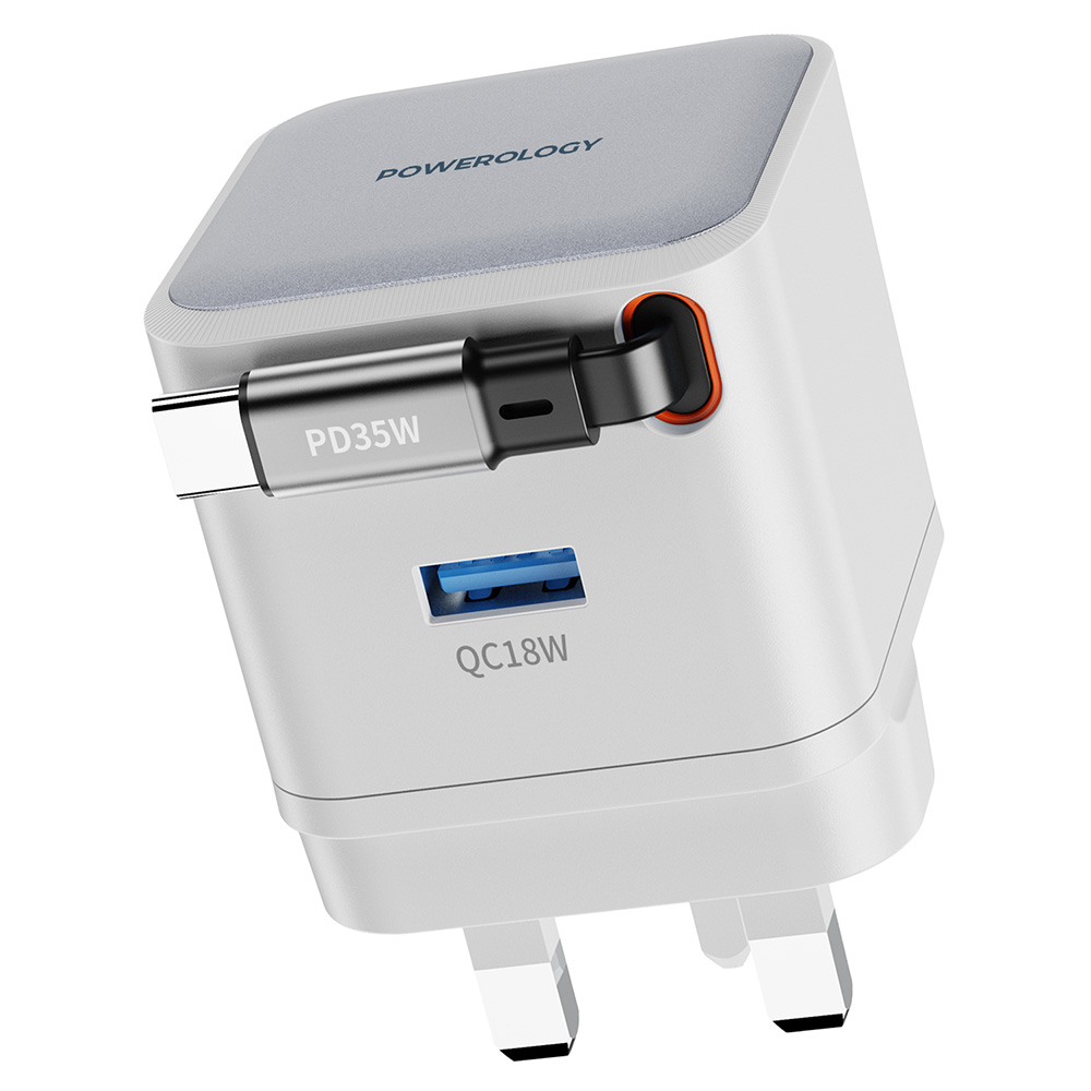 Powerology - Dual Output Retractable Gan Charger - White - 35 W