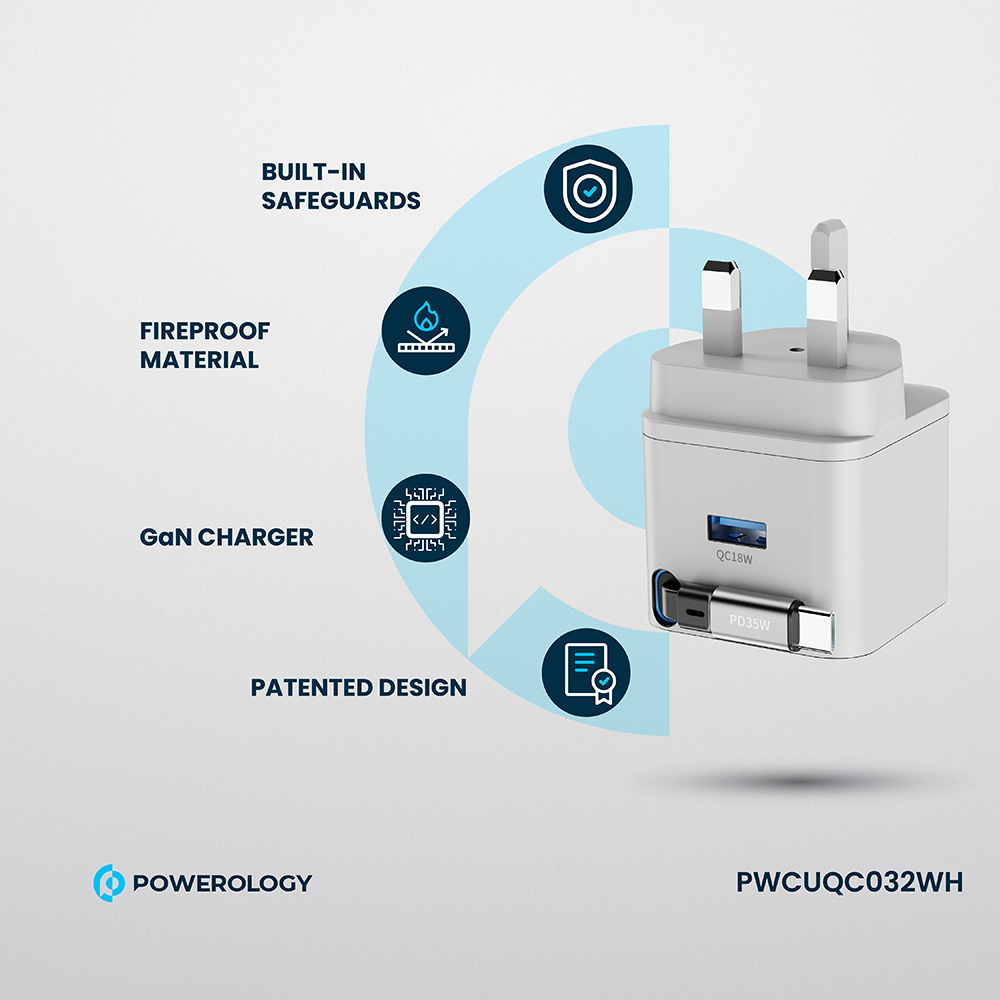 Powerology - Dual Output Retractable Gan Charger - White - 35 W