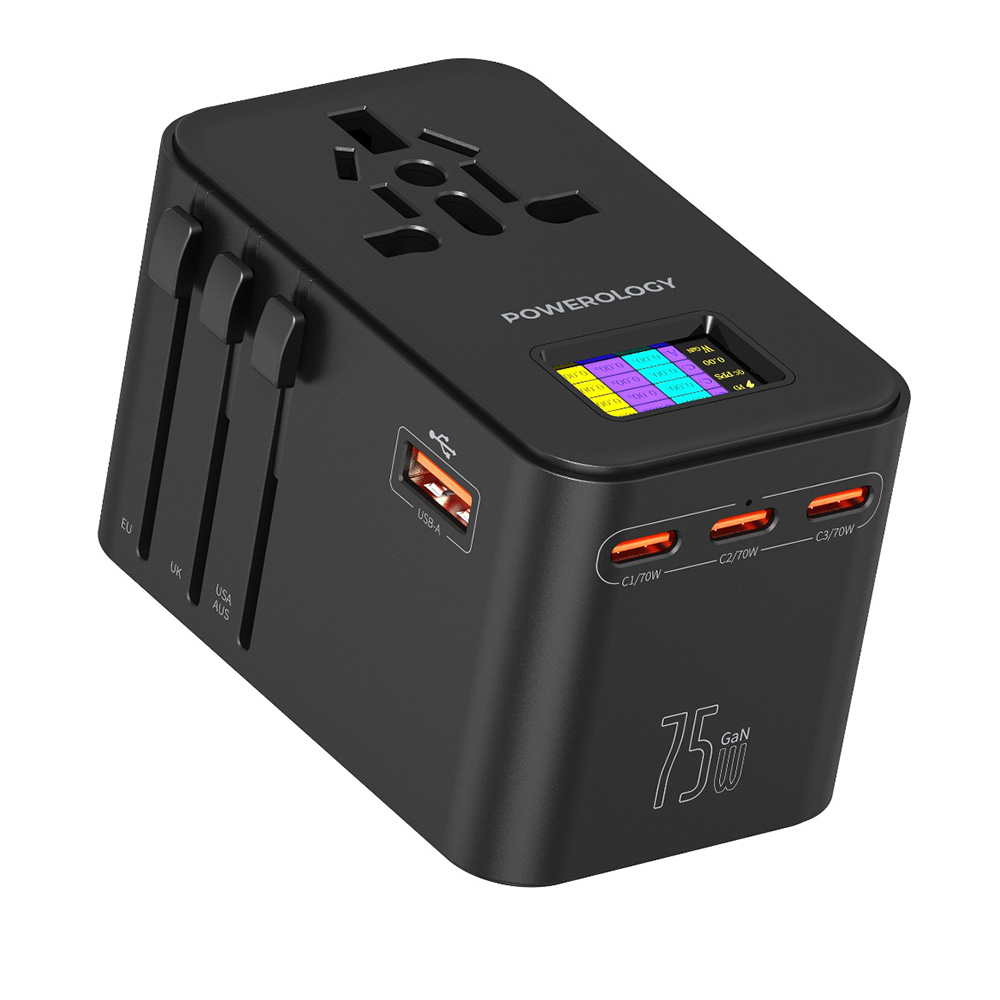 Powerology - Gan Universal Charger With 4 Ports & AC Sockets - Black - 75 W
