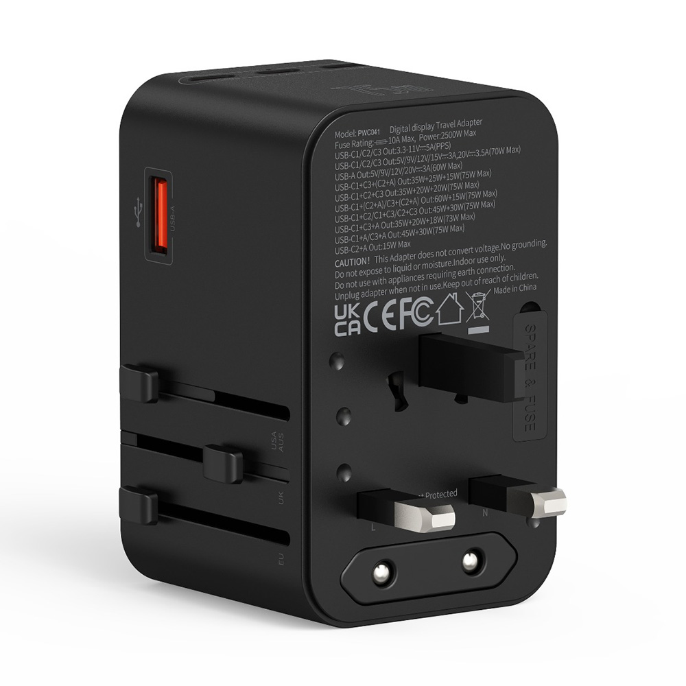 Powerology - Gan Universal Charger With 4 Ports & AC Sockets - Black - 75 W