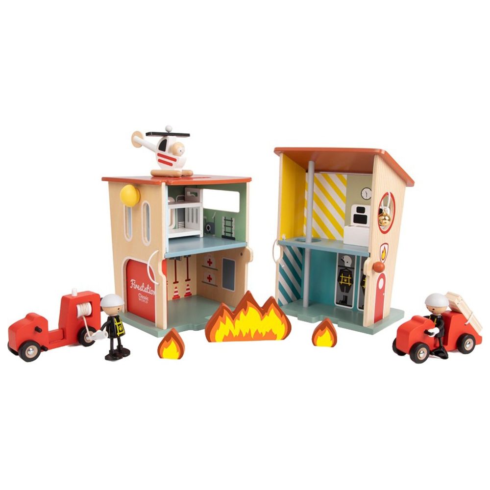 Classic World - Wooden Fire Station | Kids Toy Station & Rescue Set | Emergency Pretend Play Wooden Toy