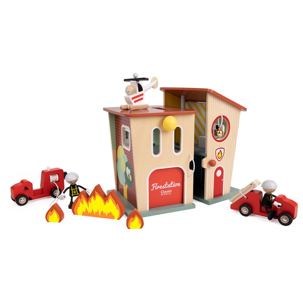 Classic World - Wooden Fire Station | Kids Toy Station & Rescue Set | Emergency Pretend Play Wooden Toy