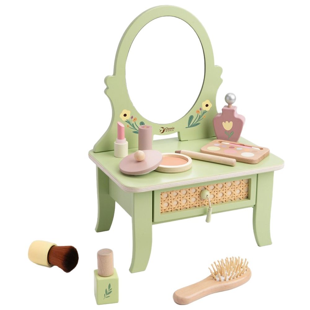 Classic World - Wooden Vintage Dressing Table | Kids Pretend Play Vanity Set | Beauty Salon Wooden Toy