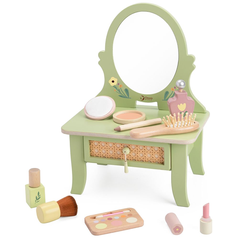 Classic World - Wooden Vintage Dressing Table | Kids Pretend Play Vanity Set | Beauty Salon Wooden Toy