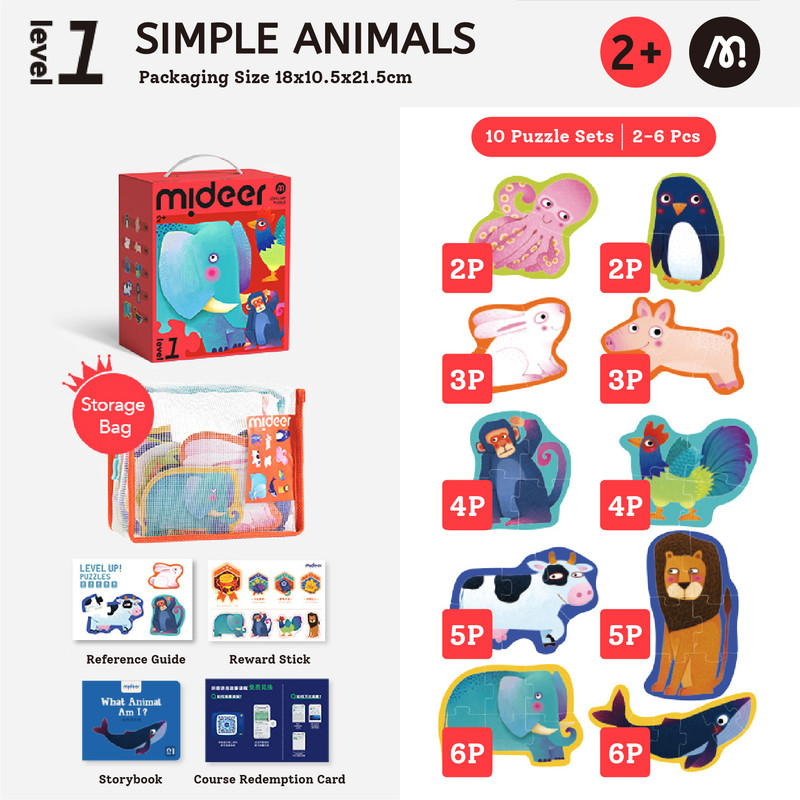 Mideer - 10-in-1 Level Up Puzzle - Simple Animals - Level 1