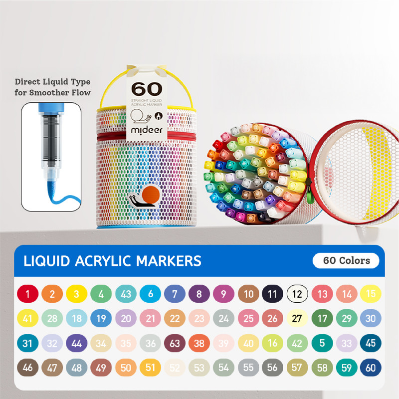 Mideer - Straight Liquid Acrylic Markers - 60 Colors