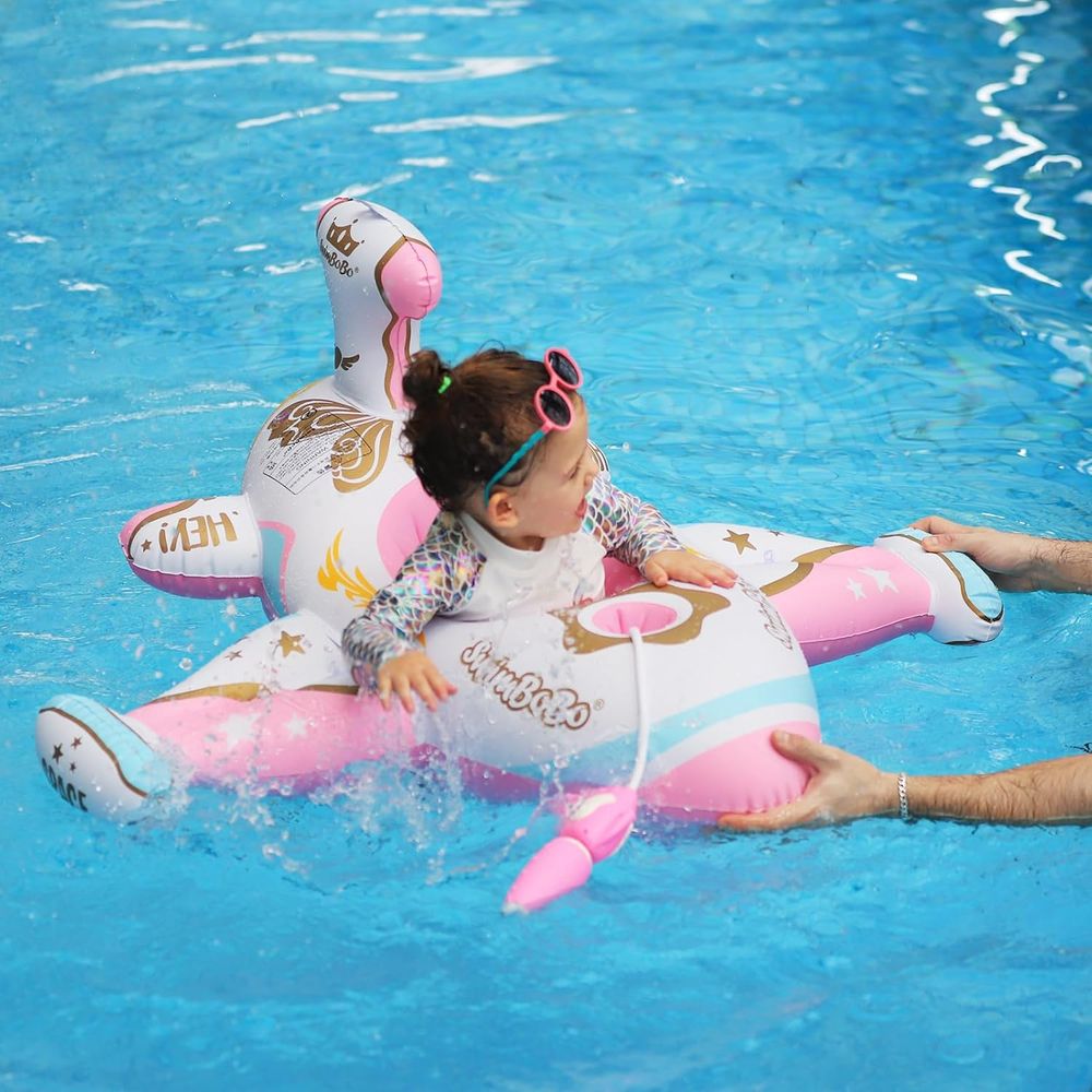 Swimbobo - Baby Swimming Float Inflatable With Sun Protection Canopy - Pink Airplane