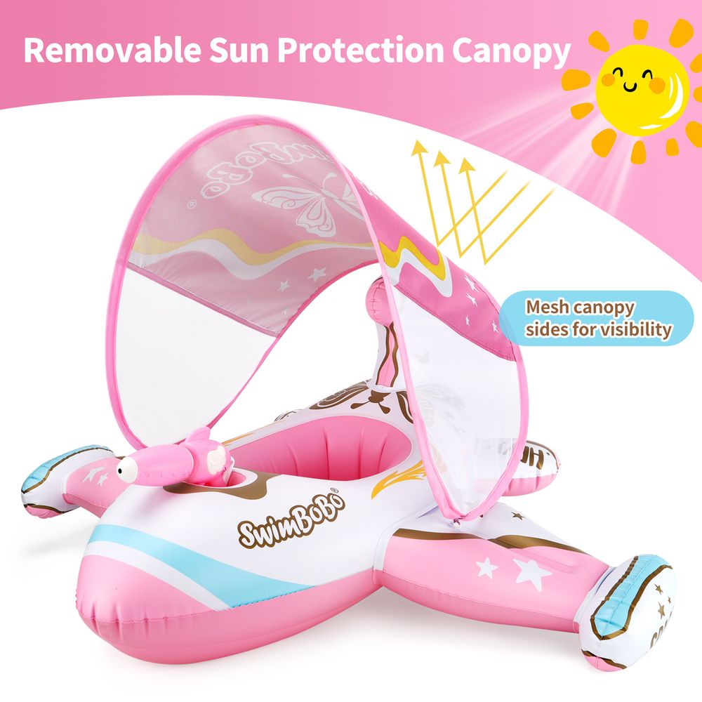 Swimbobo - Baby Swimming Float Inflatable With Sun Protection Canopy - Pink Airplane