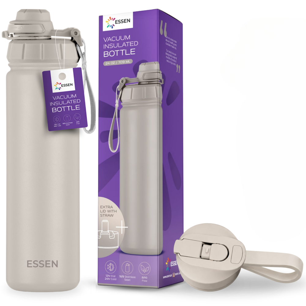 Essen - 2 Lids Stainless Steel Water Bottle - Pearl Grey - 710 ml