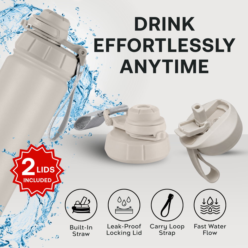 Essen - 2 Lids Stainless Steel Water Bottle - Pearl Grey - 710 ml