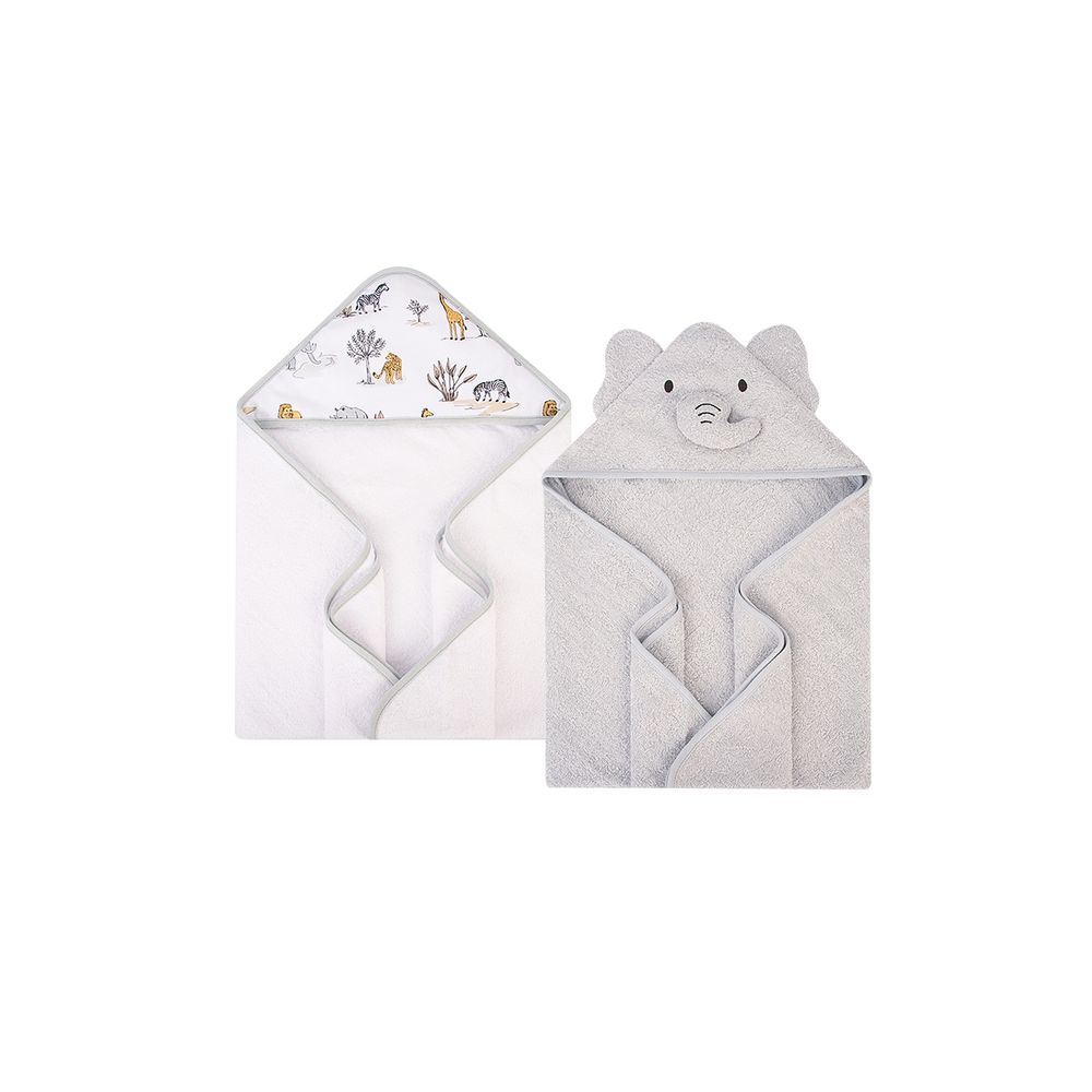 Hudson Childrenswear - 2 Pack Cotton Hooded Towel - Elephant Safari