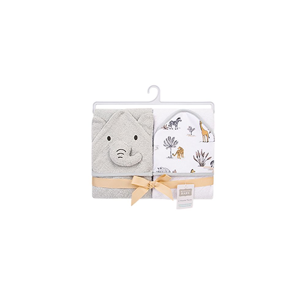 Hudson Childrenswear - 2 Pack Cotton Hooded Towel - Elephant Safari