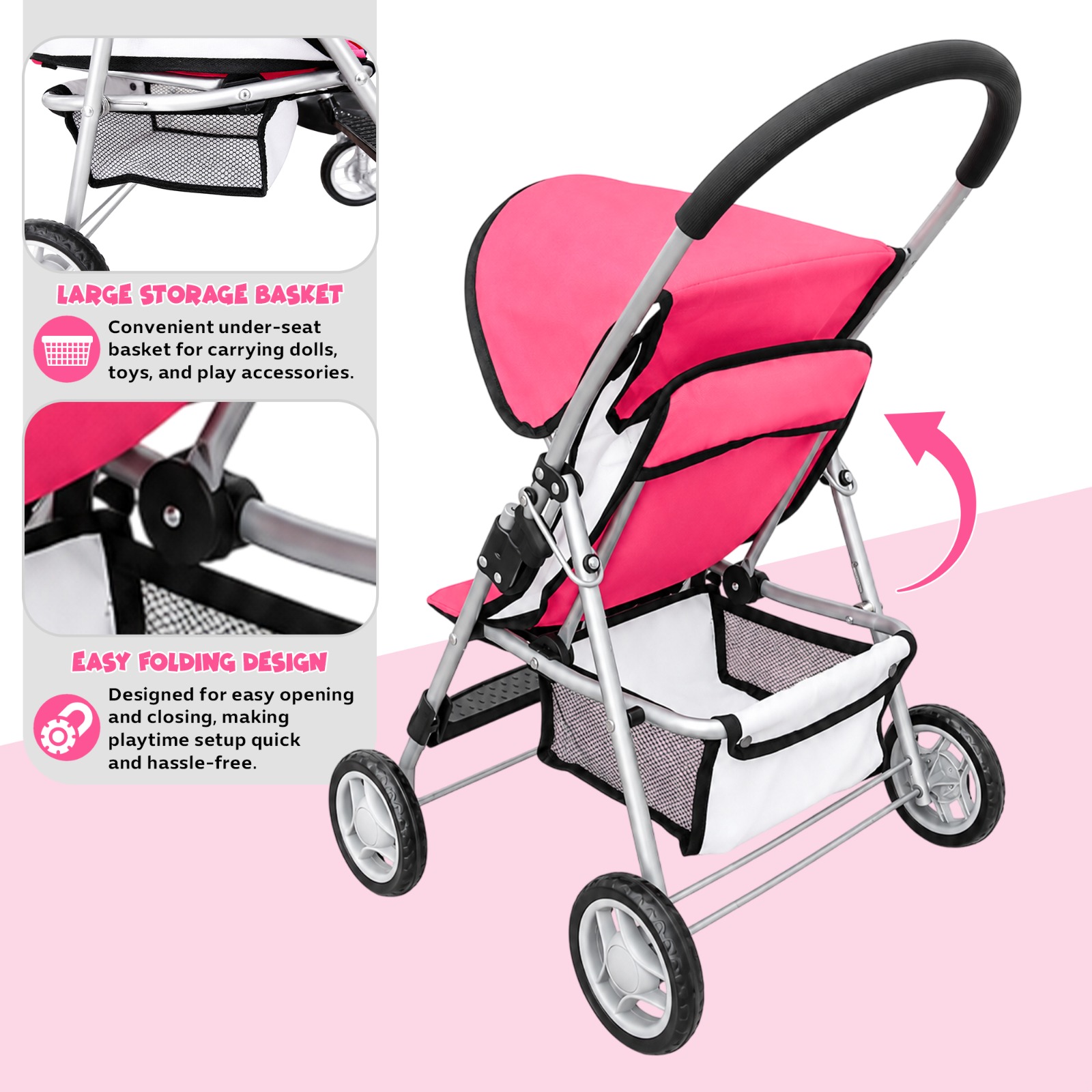 UKR - Doll Stroller With Sun Canopy And Storage Basket - Pink
