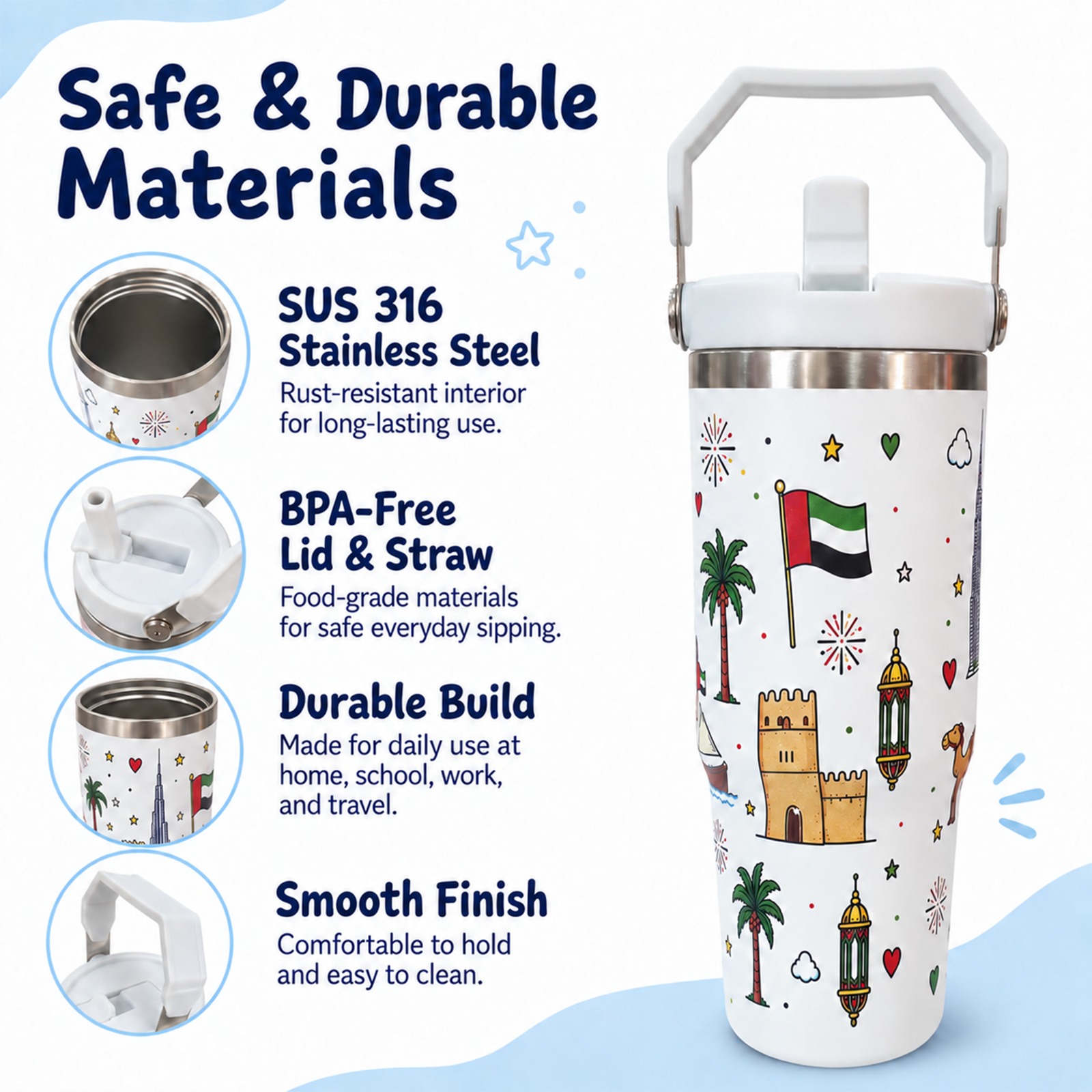 UKR - Stainless Steel Tumbler With Handle And Lid - White - 890 ml