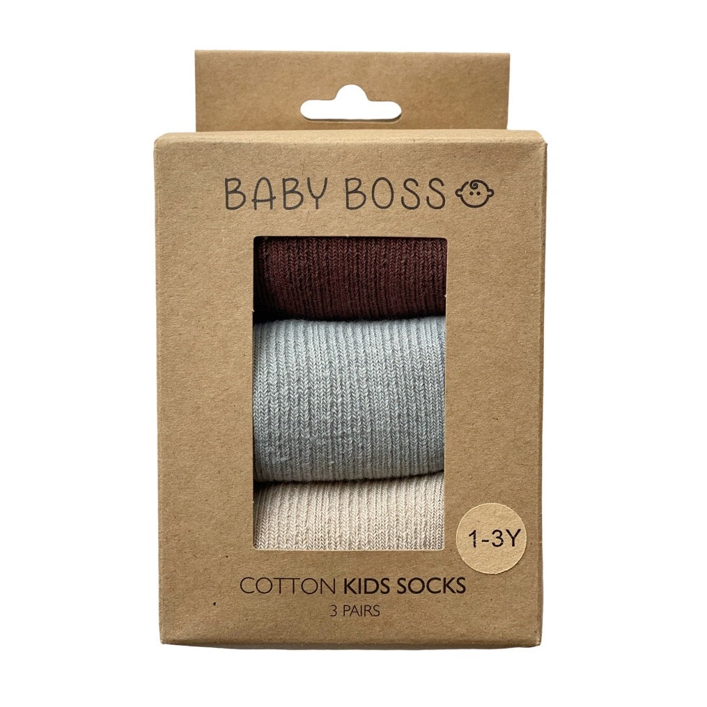 Baby Boss Kids Cotton Socks Brown/Grey/Beige - 3 Pcs