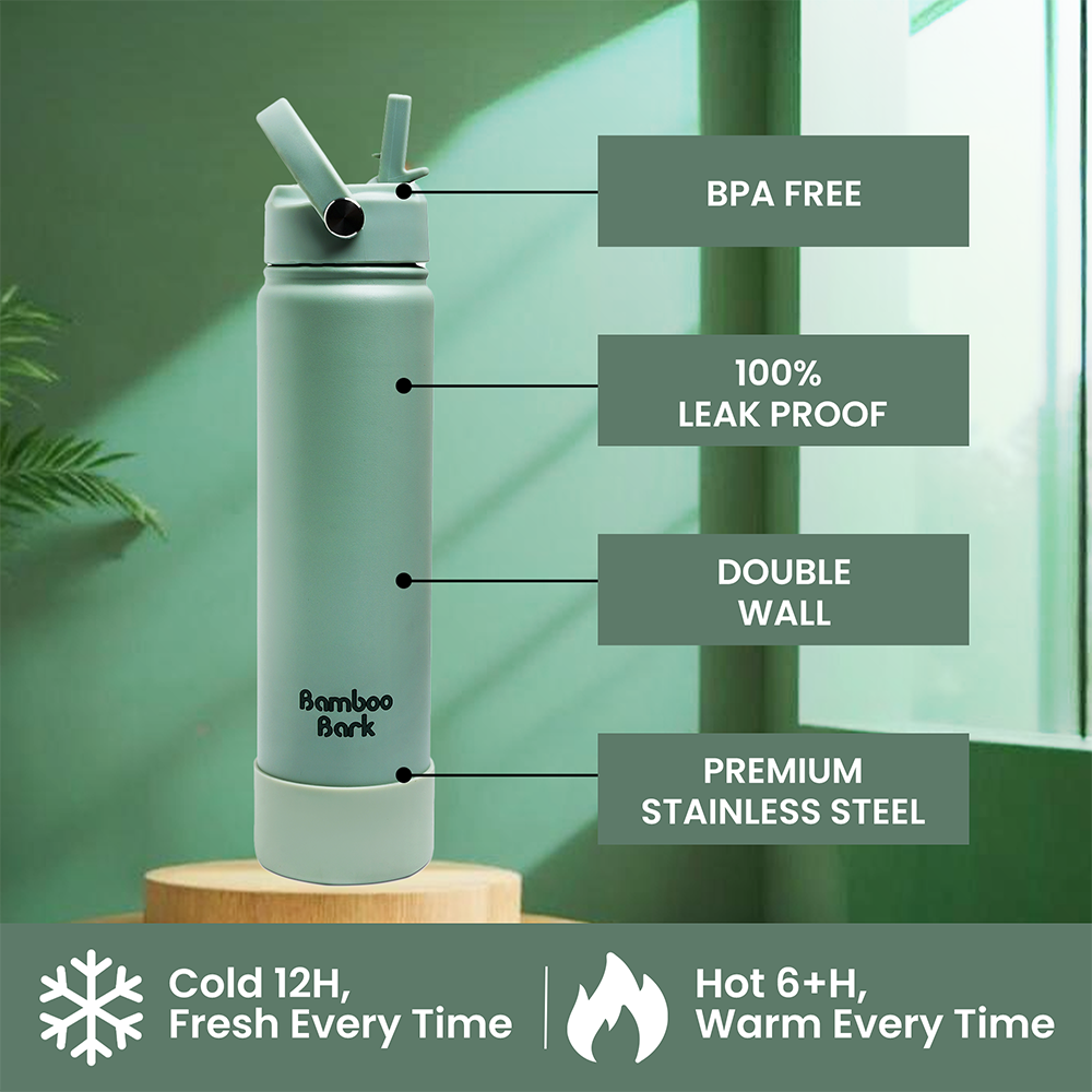 Bamboo Bark - Insulated Water Bottle With Sipper Lid_Dull Sage Green_750ml