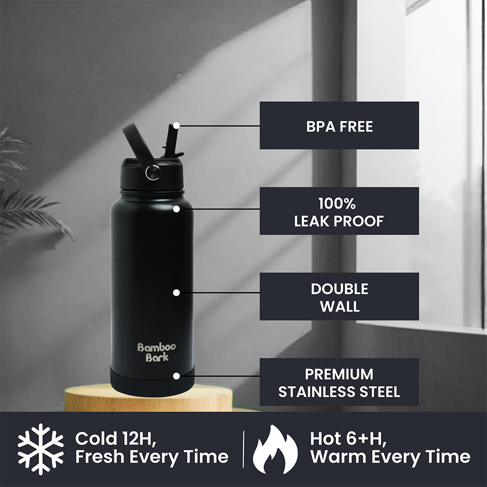 Bamboo Bark - Insulated Water Bottle With Sipper Lid_Black_1 L