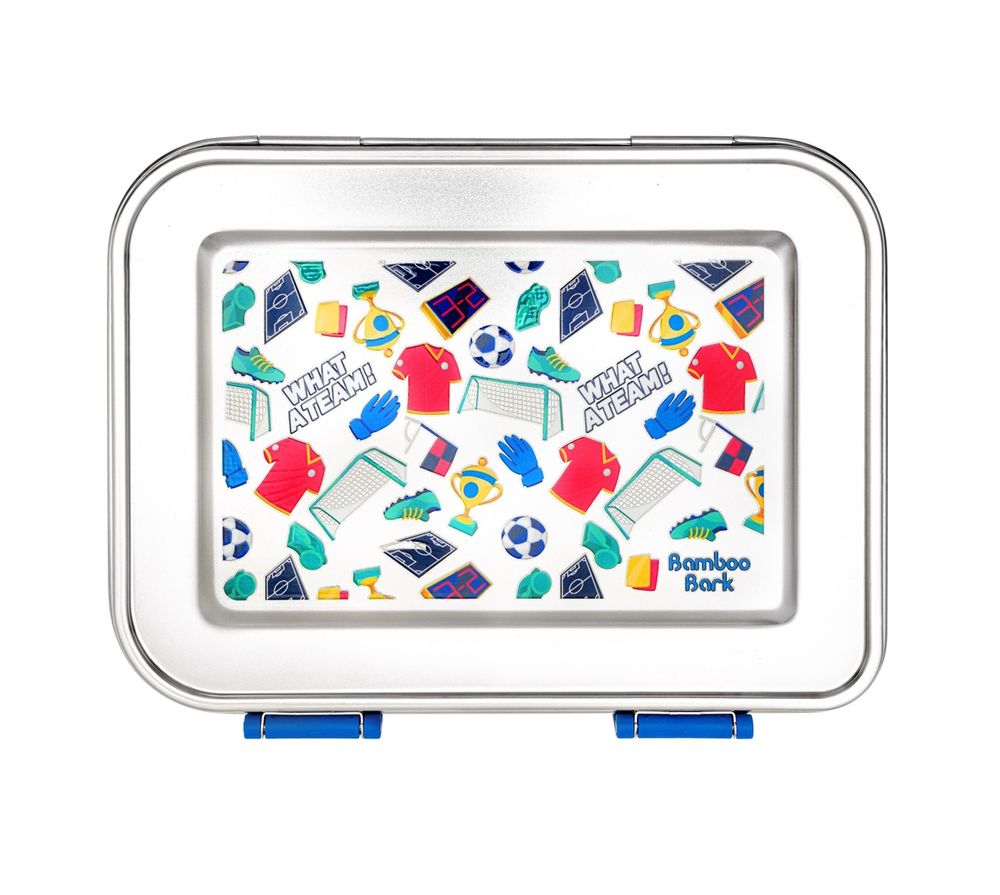 Bamboo Bark - 3 Compartment Soccer Printed Stainless Steel Lunchbox - Blue