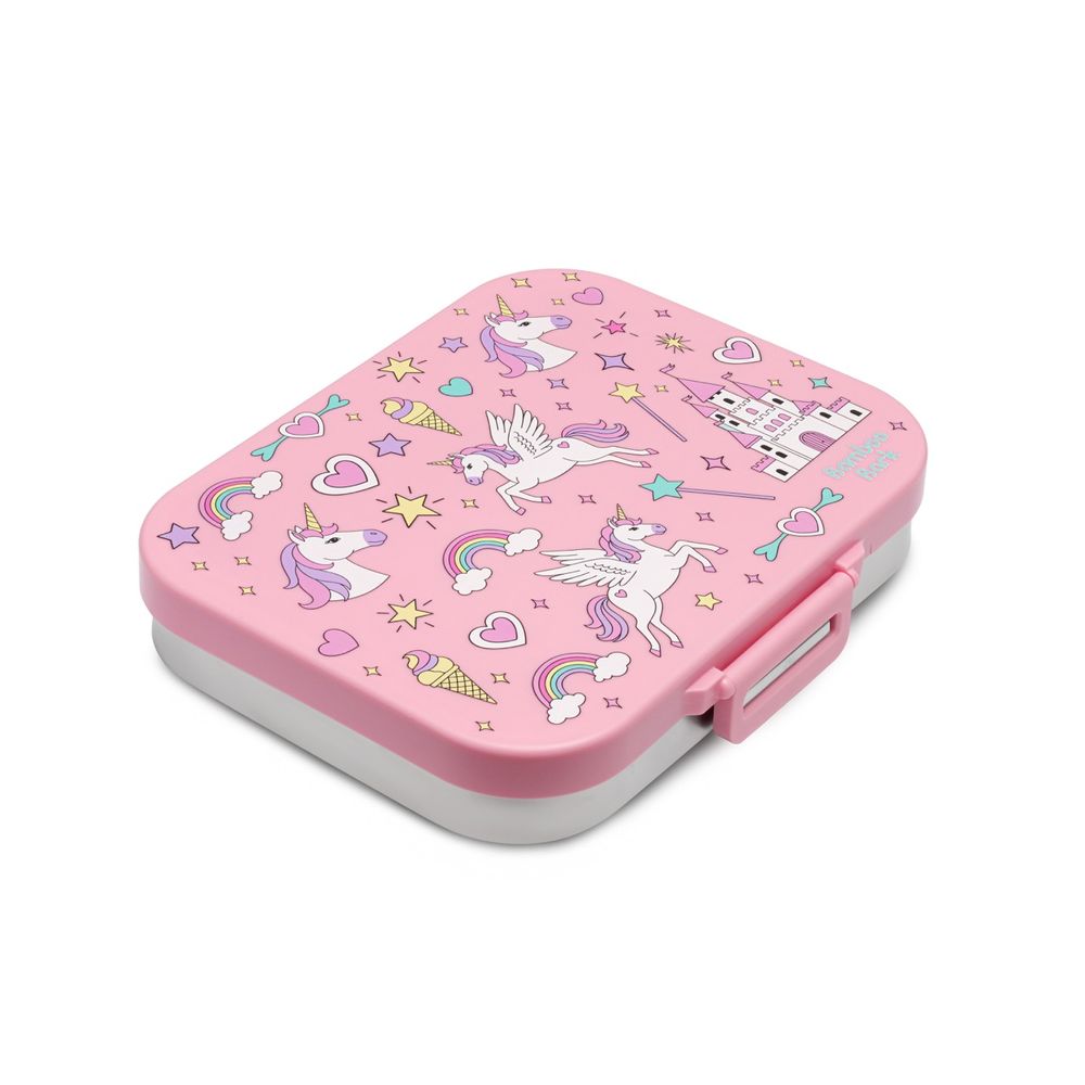 Bamboo Bark - 3 Compartment Unicorn Printed Stainless Steel Lunchbox With PP Lid - Pink