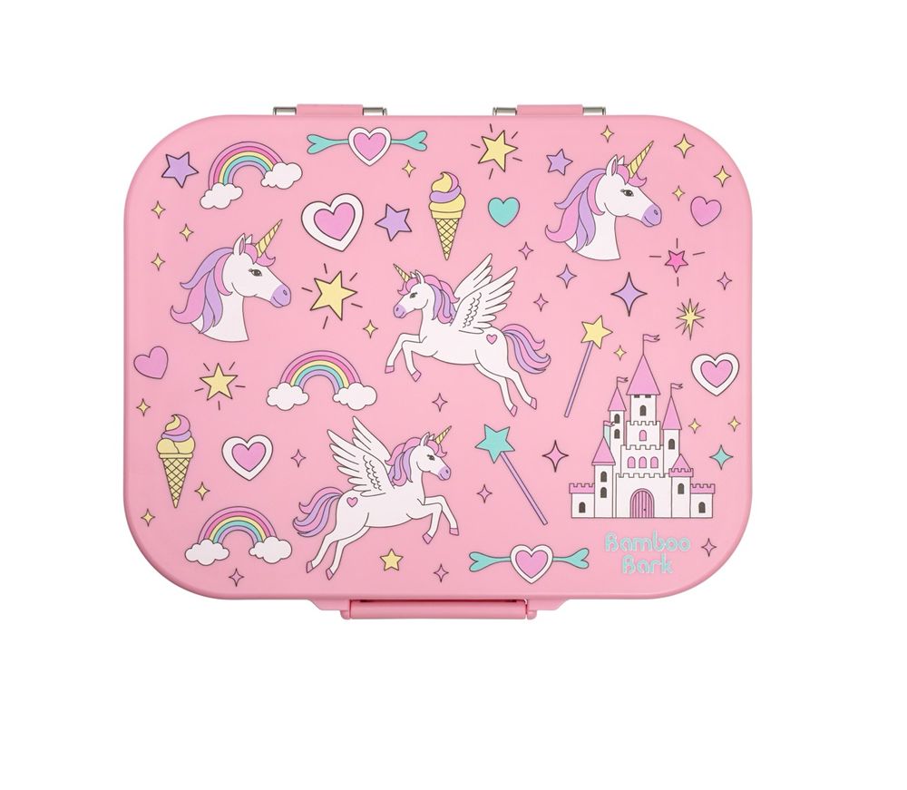 Bamboo Bark - 3 Compartment Unicorn Printed Stainless Steel Lunchbox With PP Lid - Pink