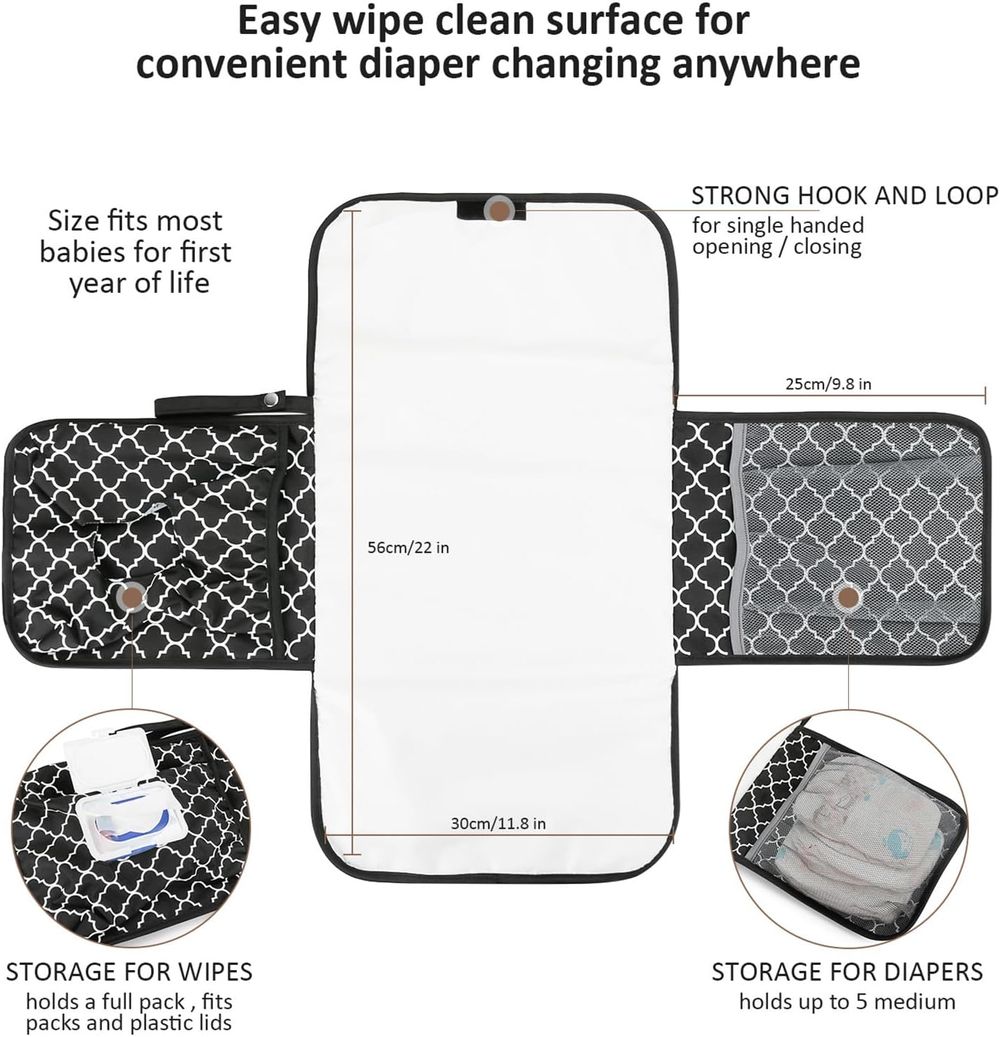 Sybil's Quatrefoil Pattern Travel Nappy Changing Mat - Black