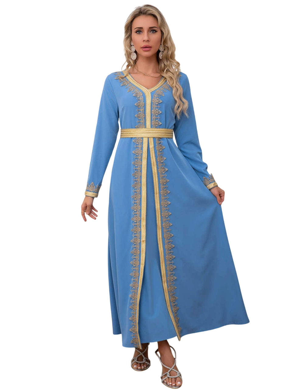 Bidani - Serene Kaftan With Golden Lattice Detail - Sky Blue