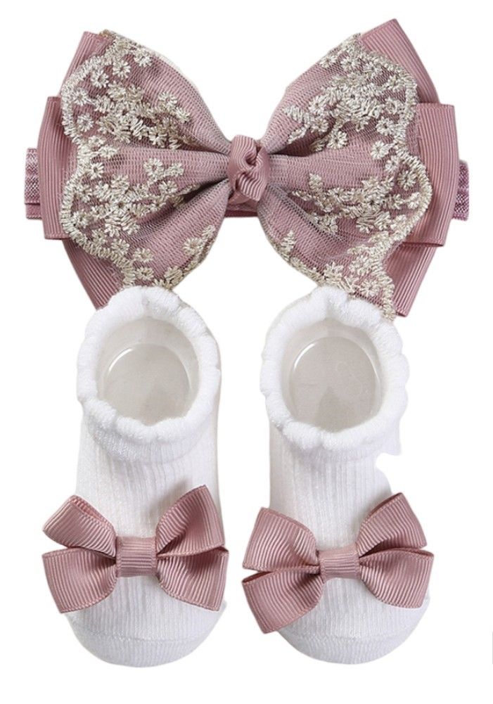 Bambimici Aaliyah Socks & Cute Ribbon Big Bow Headband Set Old - Rose