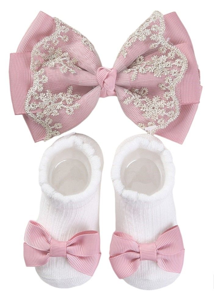 Bambimici Aaliyah Socks & Cute Ribbon Big Bow Headband Set - Baby Pink