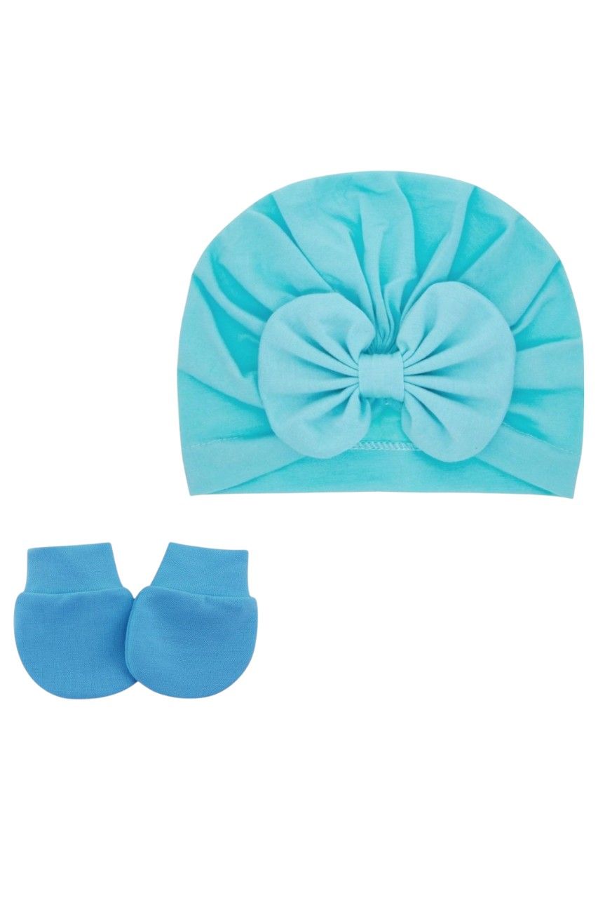 Bambimici Tinytwist Baby Turban and Mittens - Blue - 2 Pcs