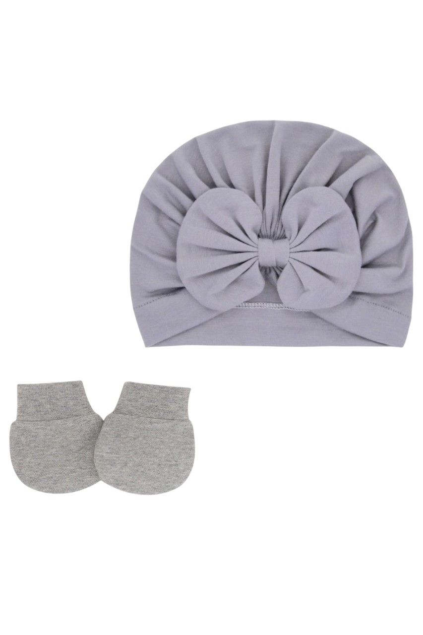 Bambimici Tinytwist Baby Turban and Mittens - Grey - 2 Pcs