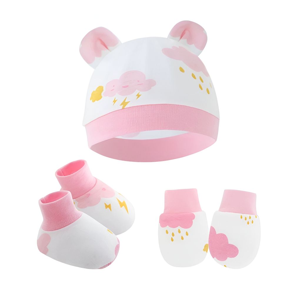 Bambimici - Cloud Printed Hat, Booties And Mittens - Pink - 3 Pc Set