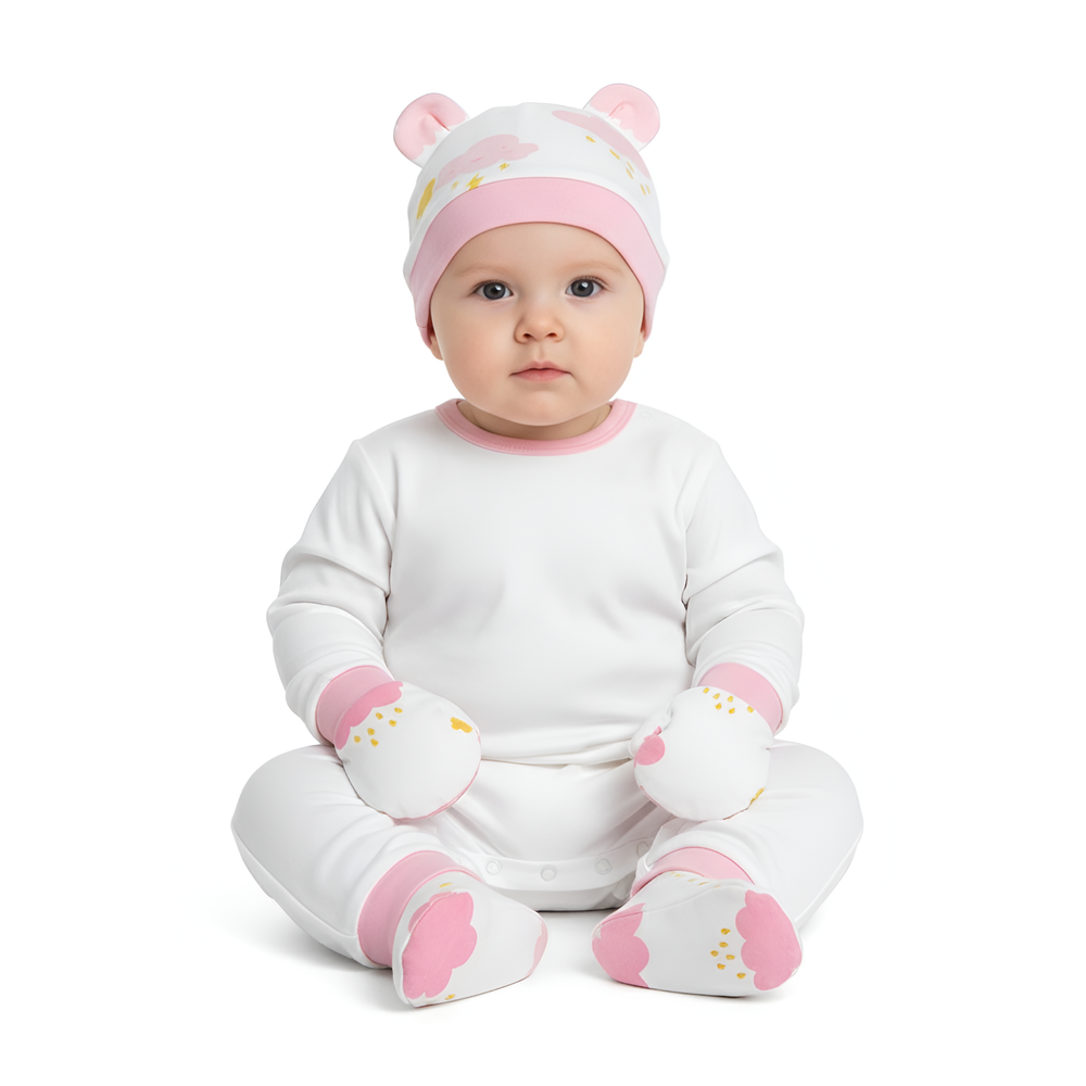 Bambimici - Cloud Printed Hat, Booties And Mittens - Pink - 3 Pc Set