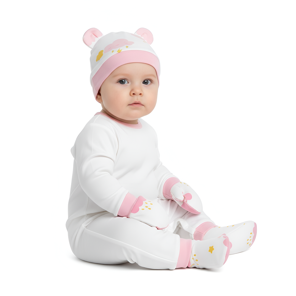 Bambimici - Cloud Printed Hat, Booties And Mittens - Pink - 3 Pc Set