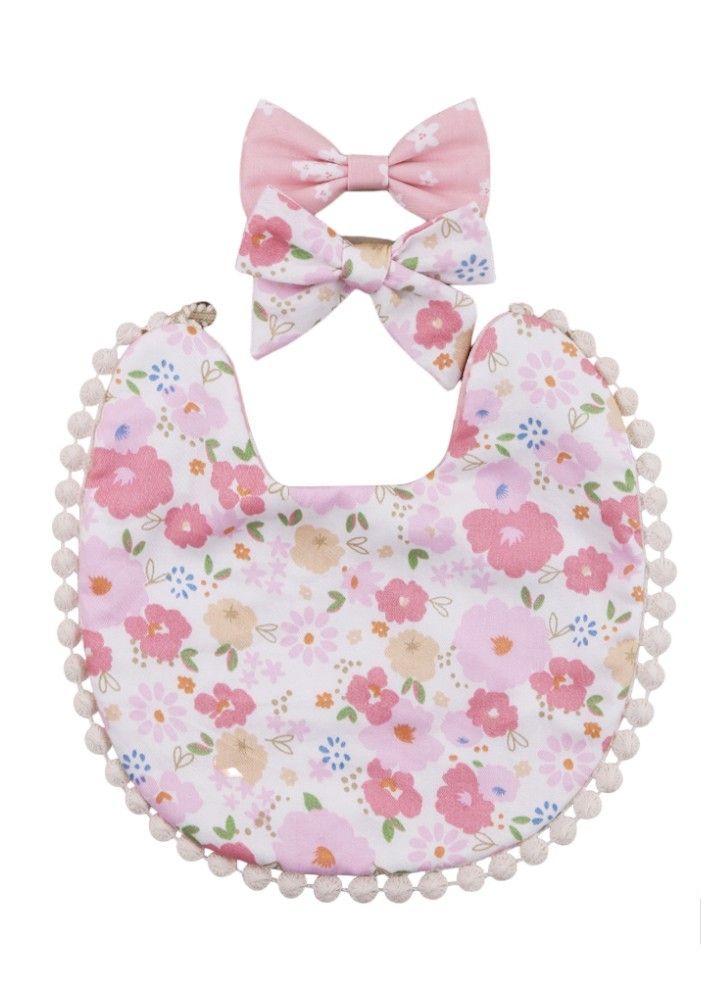 Bambimici Isabella Ribbon Headband and Reversible Baby Bib for Babies Floral - Light Pink