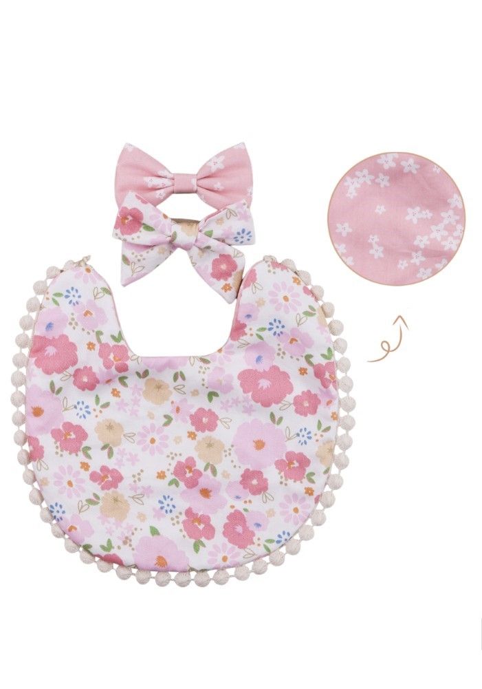 Bambimici Isabella Ribbon Headband and Reversible Baby Bib for Babies Floral - Light Pink