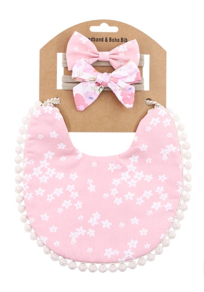 Bambimici Isabella Ribbon Headband and Reversible Baby Bib for Babies Floral - Light Pink