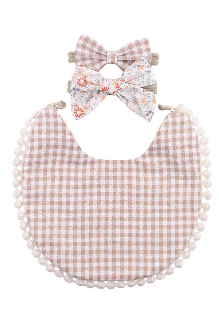 Bambimici Isabella Ribbon Headband and Reversible Baby Bib for Babies Floral - Beige