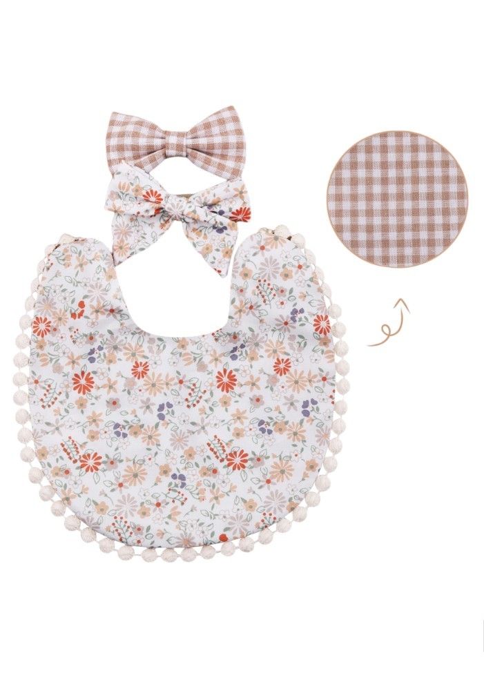Bambimici Isabella Ribbon Headband and Reversible Baby Bib for Babies Floral - Beige