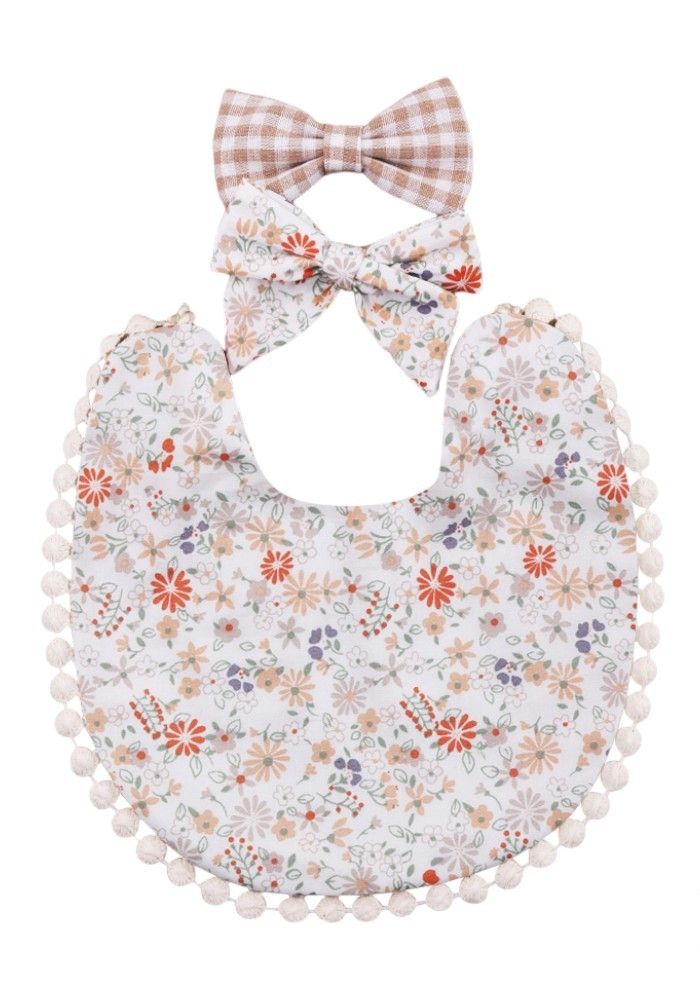 Bambimici Isabella Ribbon Headband and Reversible Baby Bib for Babies Floral - Beige