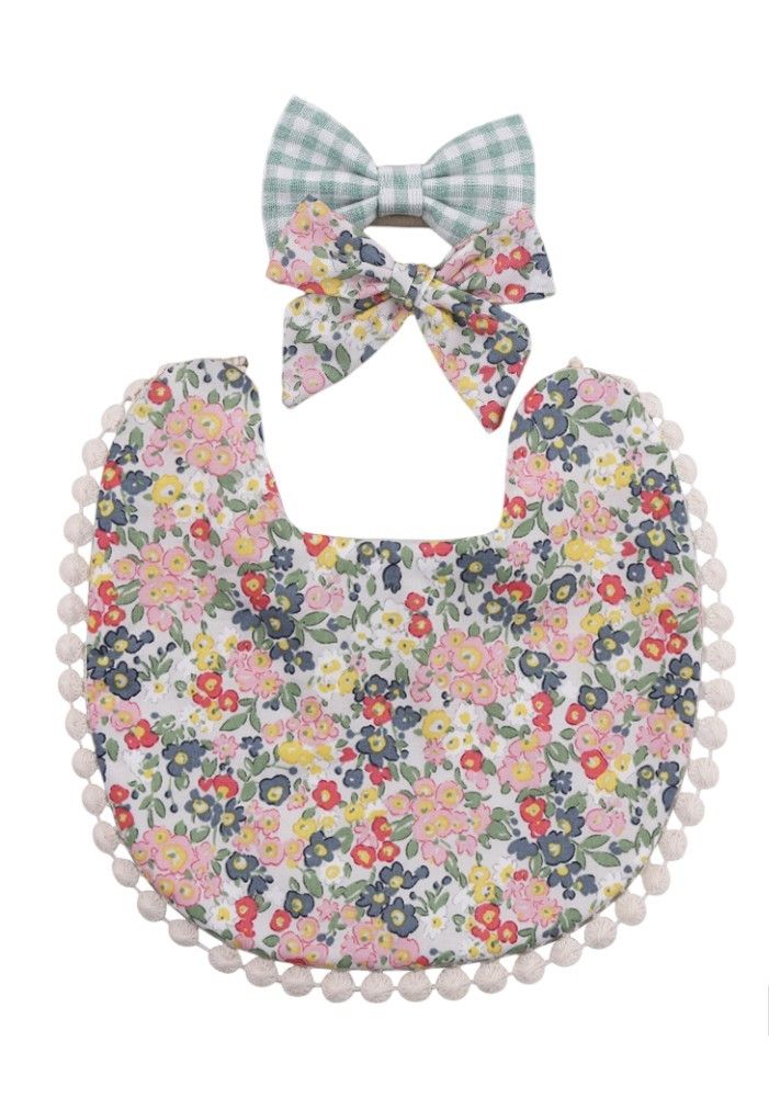 Bambimici Isabella Ribbon Headband and Reversible Baby Bib for Babies Floral - Green