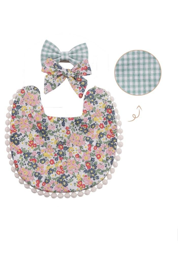 Bambimici Isabella Ribbon Headband and Reversible Baby Bib for Babies Floral - Green