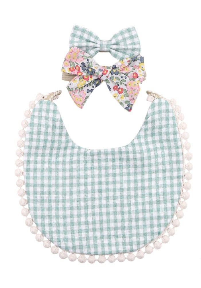 Bambimici Isabella Ribbon Headband and Reversible Baby Bib for Babies Floral - Green