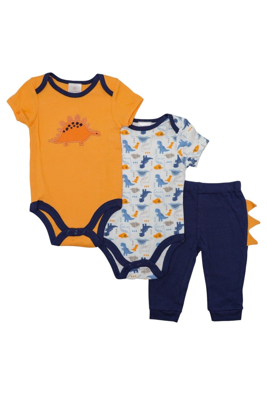 Bambimici Short Sleeve Dinosaur Printed Bodysuit with Pyjama - Multicolor - 3 Pcs