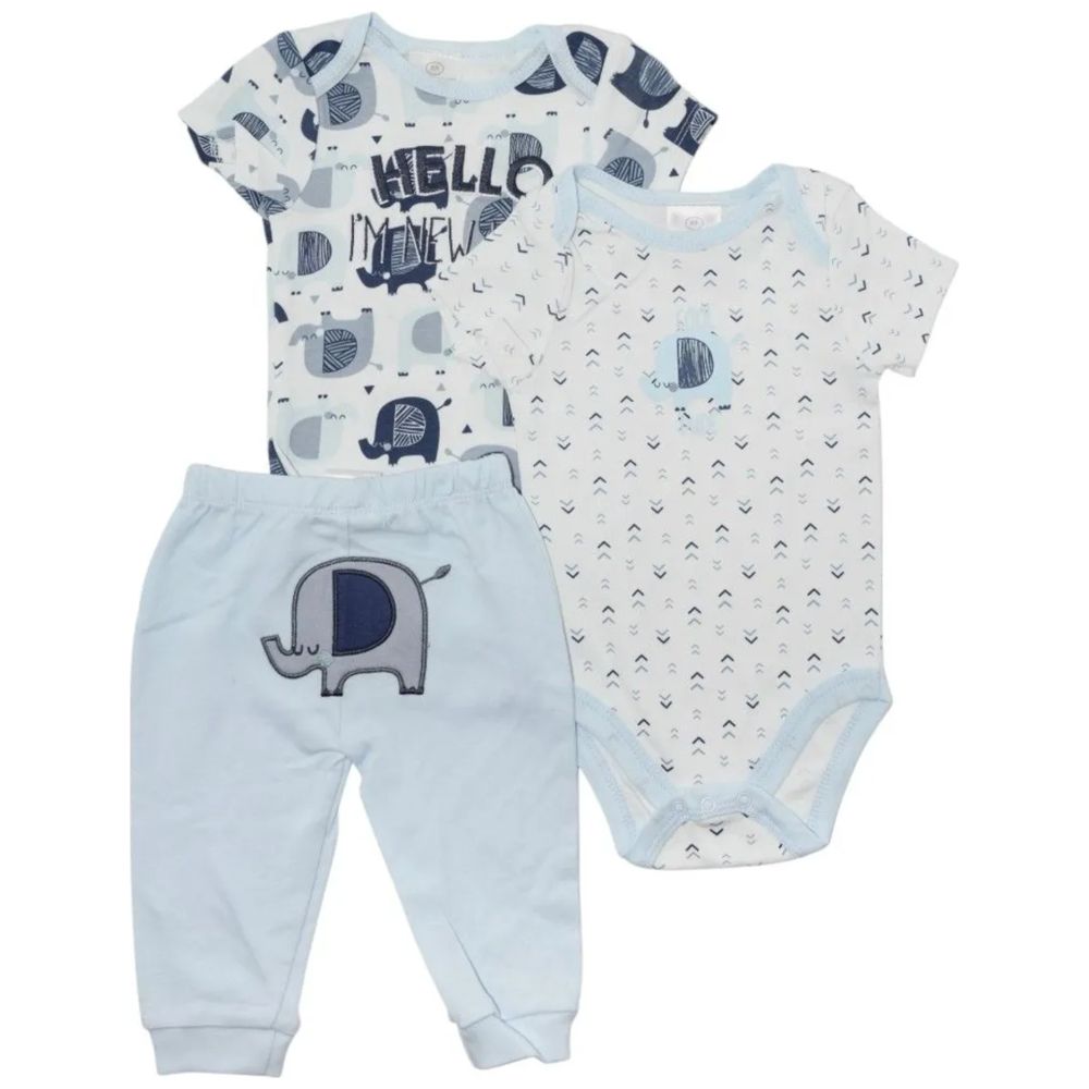 Bambimici Short Sleeve Elephant Printed Bodysuit with Pyjama - Light Blue - 3 Pcs