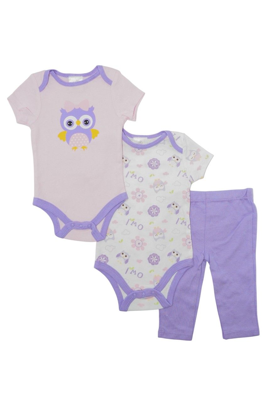 Bambimici Short Sleeve Owl Printed Bodysuit with Pyjama - Purple - 3 Pcs