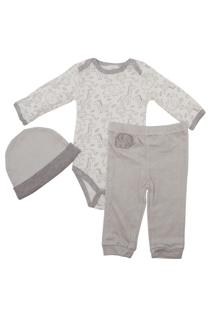 Bambimici Baby Giraffe Printed Bodysuit & Pyjama with Hat - Grey - 3 Pcs