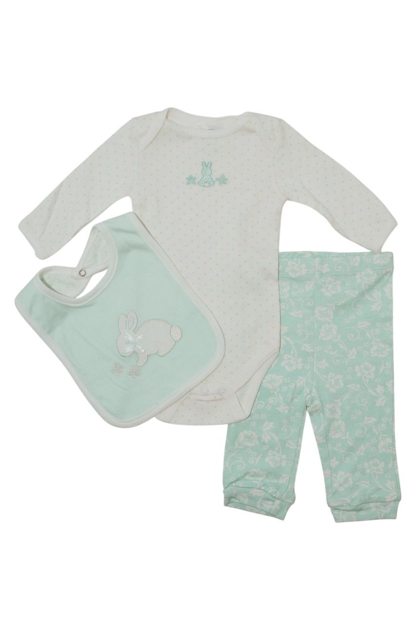 Bambimici Baby' Rabbit Printed Bodysuit & Pyjama with Bib - Multicolor - 3 Pcs