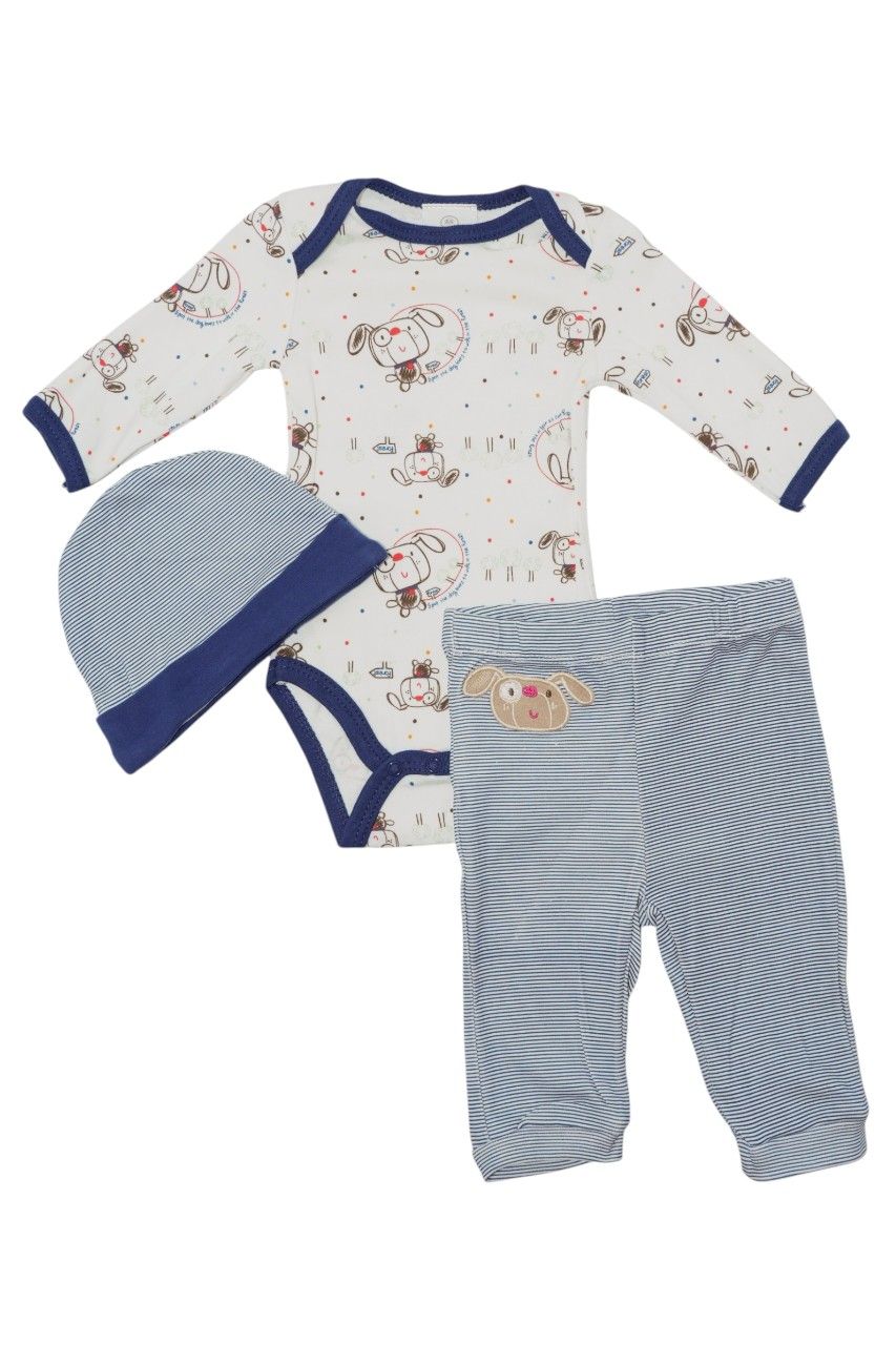 Bambimici Baby' Dog Printed Bodysuit & Pyjama with Hat - Dark Blue - 3 Pcs