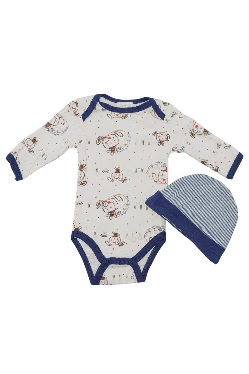 Bambimici Baby' Dog Printed Bodysuit & Pyjama with Hat - Dark Blue - 3 Pcs