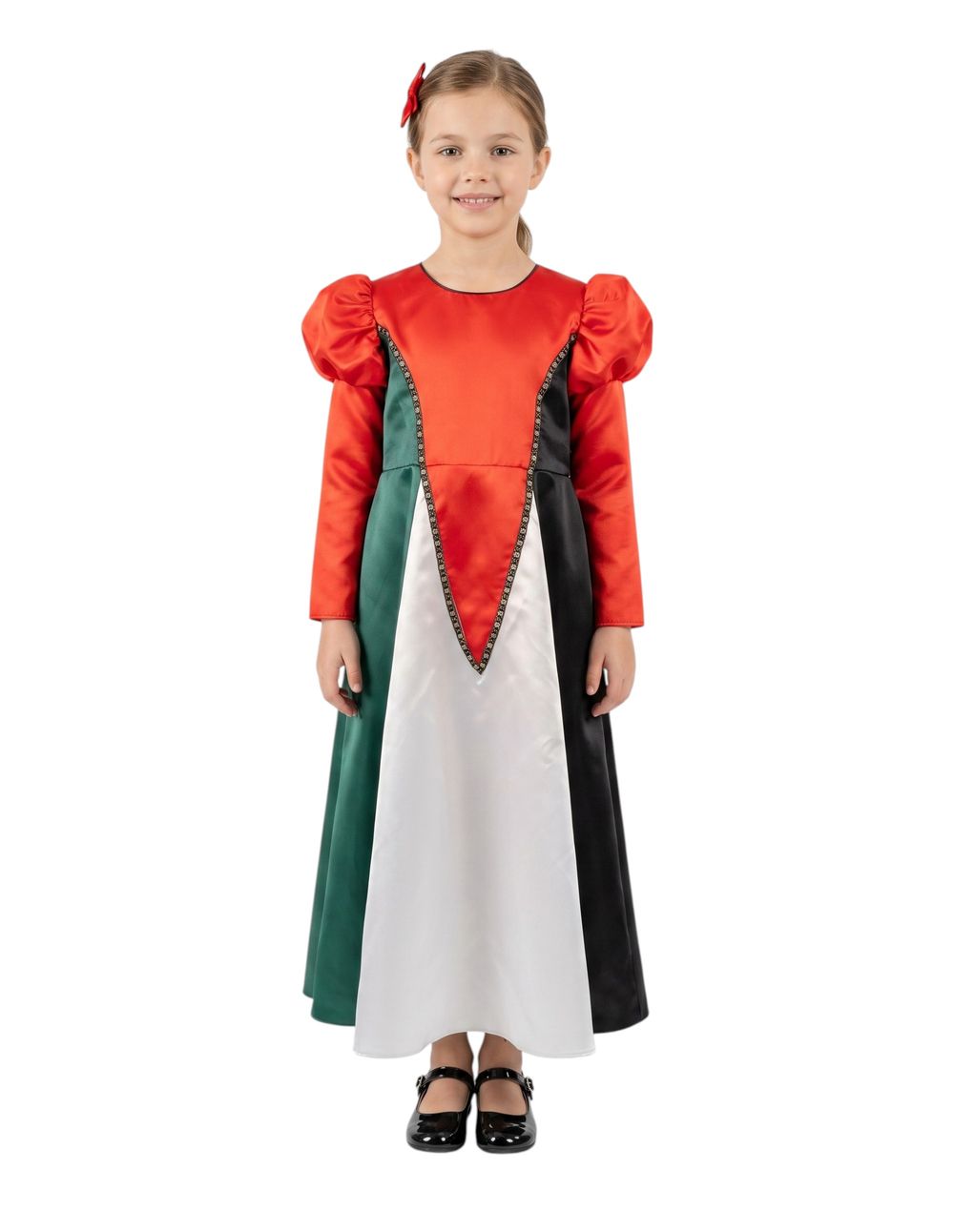 Bidani - Girls' Palestine Flag Inspired Satin Gown With Puff Sleeves - Multicolor